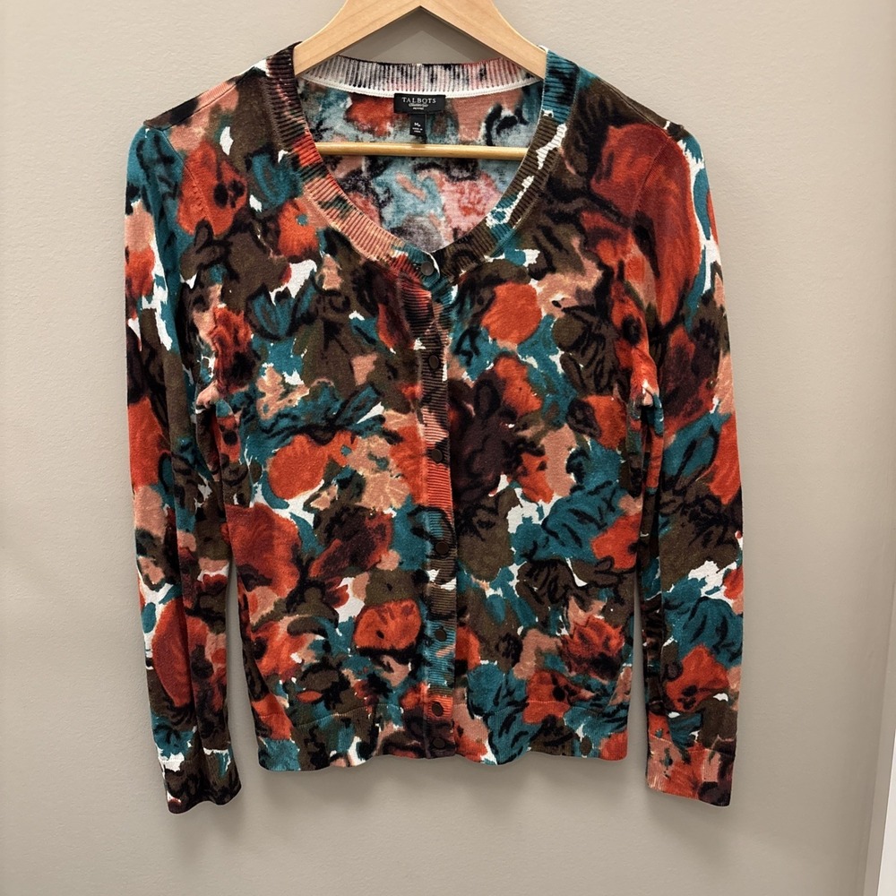 Talbots Petites Womens Cardigan PM Orange Brown Blue Cotton Rayon Button Front